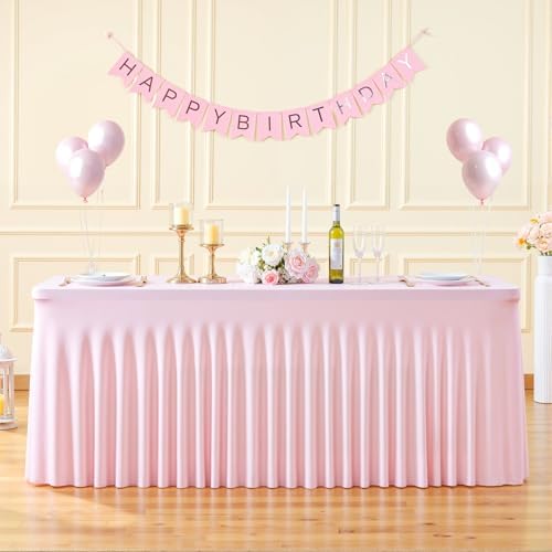 4 Pack 6ft Pink Spandex Table Cloths for Rectangle Tables Wrinkle Free Pink Rectangle Tablecloths Stretch Fitted Table Cover with Skirt for Baby Shower Girl Birthday Party Wedding Banquet Buffet - Image 2
