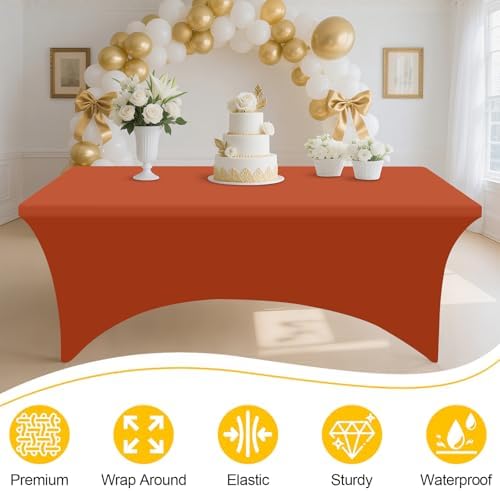 Smiry 2 Pack Spandex Table Cloth 8FT, Elastic Fitted Rust Tablecloth - Image 3