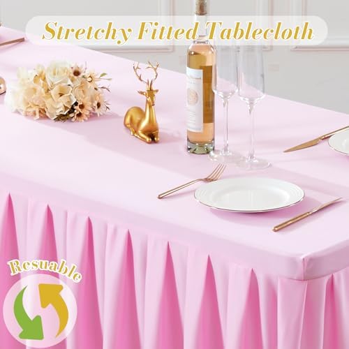 8 Pack Pink Rectangle Tablecloth 6 FT Stretch Spandex Fitted Table Cloth for 6 Foot Rectangle Tables Banquet Tablecloths Wrinkle Free Table Cover Skirt Ruffle Tablecloths for Party Wedding Birthday - Image 7