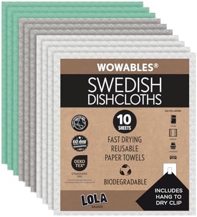 LOLA Swedish Dishcloths for Kitchen 10 Sheets, Biodegradable & Compostable Reusable Paper Towel Cleaning Cloths No Odor Washing Dishes Ultra Absorbent Cellulose Sponge Towel Made in Germany by LolaProducts