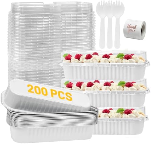200Pack White Mini Cake Pans Disposable Mini Loaf Pans with Lids and Spoons and Stickers, 6.8Oz Aluminum Foil Pans Tins, Individual Dessert Cups Containers for Sales,Party,Picnics by ylnurac