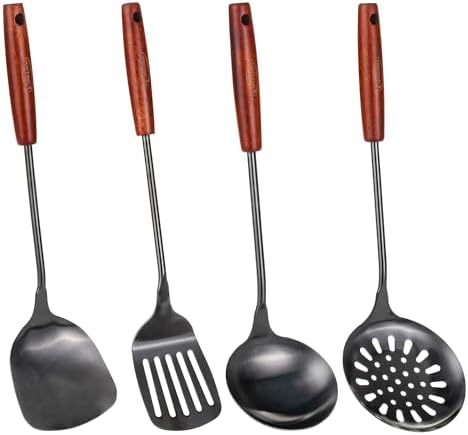 FJNATINH 17inch Wok Spatula and Ladle, Skimmer Spoon, Slotted Turner Spatula Set 304 Stainless Steel Kitchen Utensils Sets, 4-Pieces Cooking Utensils Tools Wok Accessories by HOMEKITCHENTOOL