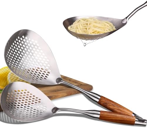MARTE Skimmer Slotted Spoon,304 Stainless Steel Pasta Spider Strainer Ladle for Frying and Cooking,Kitchen Colanders & Food Strainers Set of 2，Slotted Spoon with Heat-Resistant Solid Wood Handle by MARTE