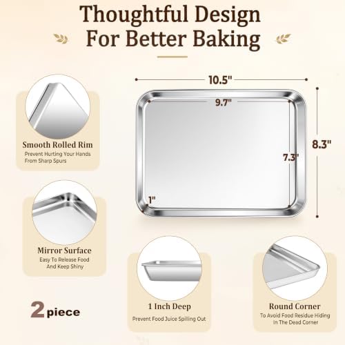 Stainless Steel Baking Sheet, 10.4" x 8" Cookie Sheet Pan, 2-Pack | Small Toaster Oven Tray Set for Baking, Healthy & Non-Toxic, Easy Clean & Dishwasher Safe - Image 2