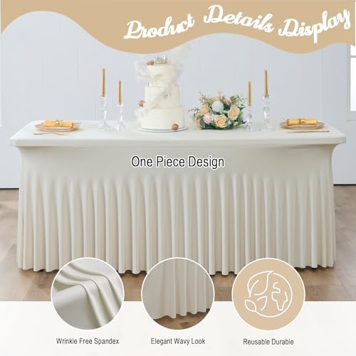 leegleri 2 Pack Beige Spandex Fitted Tablecloths for 6 Foot Rectangle Tables, Beige Stretch Table Cloth with Table Skirt, Wrinkle Free Spandex Table Covers 6ft for Parties, Weddings, Trade Shows - Image 4