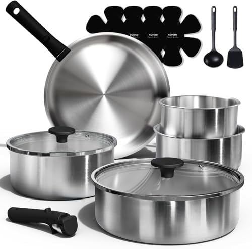 CAROTE 15pcs Tri-Ply Stainless Steel Cookware Set with Detachable Handle by CAROTE