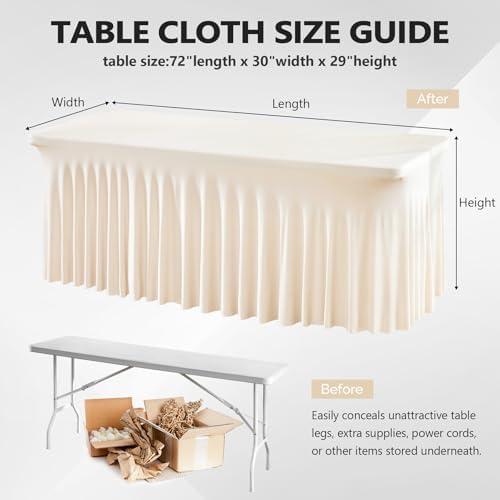 Wish Care 6 Pack Ivory Spandex Table Clothes for 6 Foot Rectangle Tables, 6FT Wrinkle Free Fitted Tablecloths Ruffles Design Table Cover for Party, Banquet, Wedding and Events - Image 3