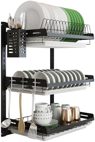 junyuan Hanging Dish Drying Rack Wall Mount,Dish Racks Drainer,3 Tier Kitchen Plate Organizer Storage Shelf with Drain Tray with 3 Hooks,Stainless Steel Black Large Ajustable Height by junyuan