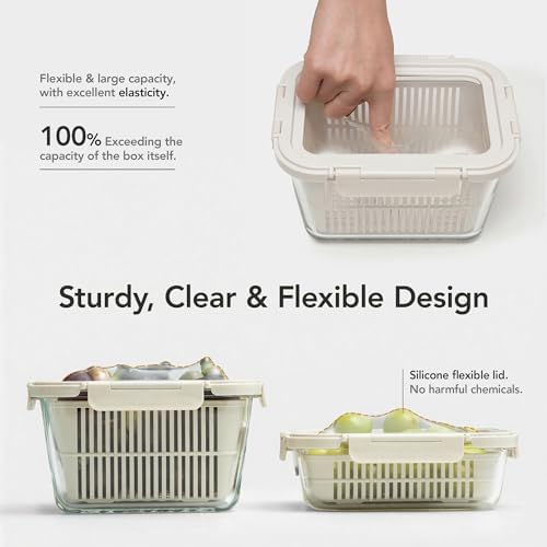 GENICOOK Glass Produce Storage Containers for Fridge, 2-Pack – Airtight Fruit & Vegetable Containers with Removable Colanders, Flexible Silicone Lids,LeakProof, BPA-Free Borosilicate Glass - Image 2
