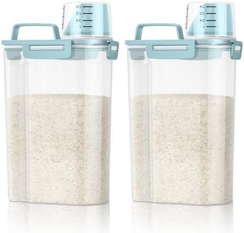 TBMax Rice Container Cereal Storage Container 2 Pack 5 Lbs, Plastic Kitchen Pantry Food Storage Container with Cup, Small Pet Dog Cat Food Dispenser -Blue by TBMax