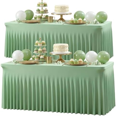 Wish Care 2 Pack Sage Green Spandex Table Clothes for 4 Foot Rectangle Tables, 4FT Wrinkle Free Fitted Tablecloths Ruffles Design Table Cloth for Party, Banquet, Wedding and Events by WishCare