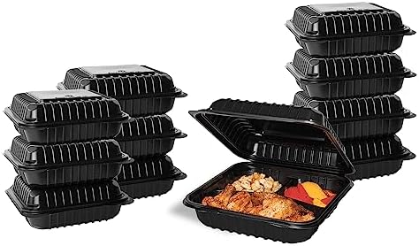 Karat Clamshell Take Out Food Containers [8"x8" - 250 ct] 3-Compartment, Durable, Microwavable, Stackable, Crack-Resistant To Go Boxes | Black - Image 2