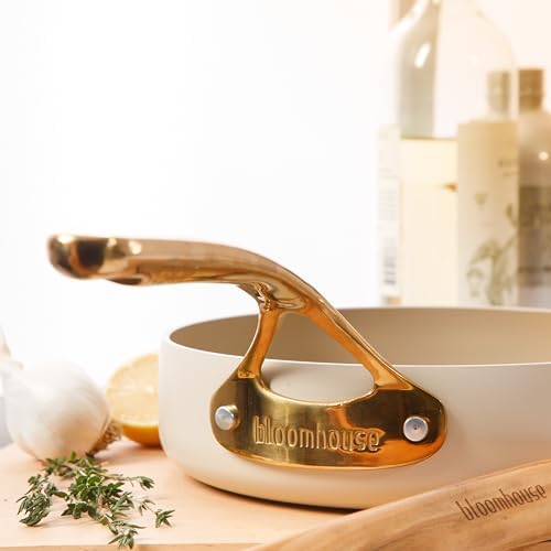Bloomhouse - Two Time Oprah's Favorite Things Winner - 8 Inch Heavy Duty Aluminum Premium PFA Free Ceramic Nonstick Saute/Deep Frying Pan Skillet - Almond Cream w/Gold Handle - Image 4