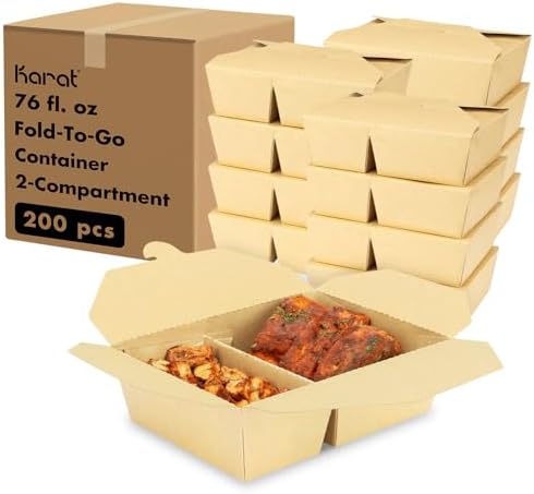 Karat Paper To Go Food Container [76 oz - 200 ct], 2-Compartment Leak-Resistant, Microwavable, Heavy-Duty Take Out Boxes | Grease Resistant & Stackable | #3 Kraft by Karat