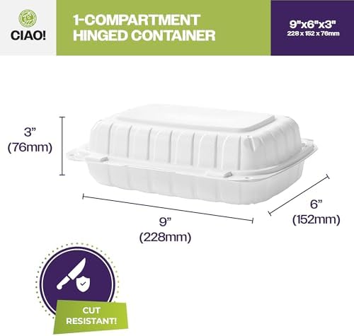 CIAO! 9"x6"x3" MFPP White Hinged Container With Lid 1 Compartment (Case of 200) - Image 4
