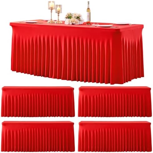 Suppromo 4 Pack 6ft Red Spandex Table Cloths for Rectangle Tables Wrinkle Free Red Tablecloths Rectangle Stretch Fitted Table Cover with Skirt for Birthday Party Baby Shower Wedding Banquet Buffet by Suppromo
