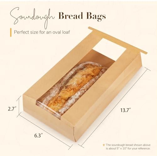 100 Pack Long Paper Bread Bags with Tabs for Homemade Sourdough, Resealable Bakery Bags with Window for Oval Sourdough Bread, Loaves, Pastries, Baguettes (6.3x2.7×13.7 Inches) - Image 2