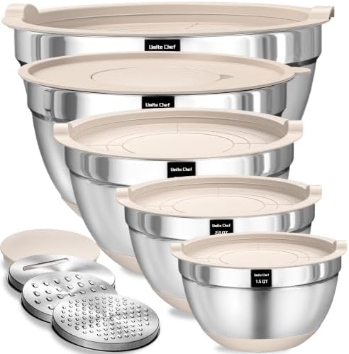 Umite Chef Mixing Bowls with Airtight Lids Set, 8PCS Stainless Steel Nesting Bowls with Grater Attachments, Non-Slip Bottoms, 5, 4, 3.5, 2, 1.5QT for Mixing & Serving by UmiteChef