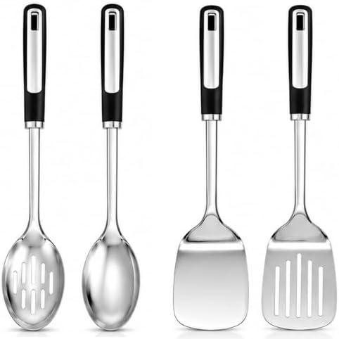Cooking Utensils Set,4 Piece | Stainless Steel Kitchen Utensils with Serving Spoon and Cooking Spatula, Heat-Resistant, Dishwasher Safe, Ergonomic Handle by JULIPRO