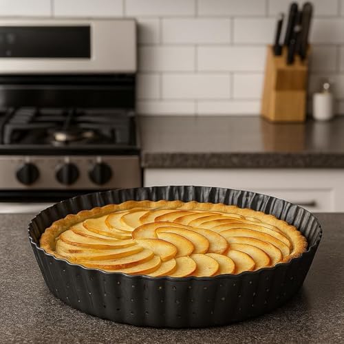 Set of 3 Deep Dish Pie Pan with Removable Bottom - Fluted Carbon Steel Tart Pan for Quiche Lorraine & Pies - Crispy Crust Baking Dish for Home Bakers - 7.87, 9.44 and 11 inches - Image 2
