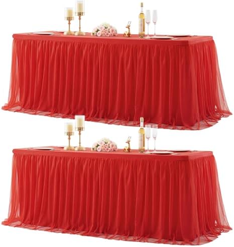 Suppromo 2 Pack 8ft Red Tulle Tablecloths for Rectangle Tables, 8 Foot Red Rectangular Table Cloth Wrinkle Free Tablecover with Tutu Skirt for Baby Shower Wedding Birthday Party Banquet Buffet Cake by Suppromo