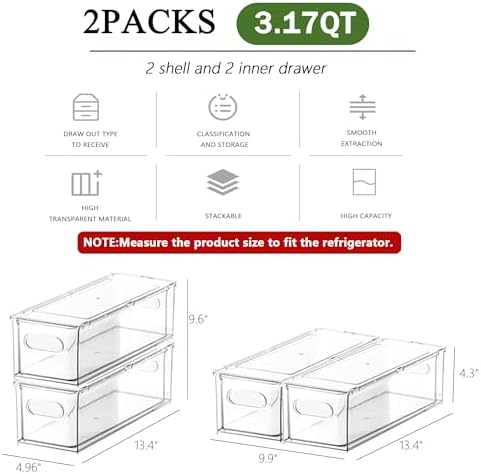 Refrigerator Organizers and Storage, 2 Pack BPA-Free Sturdy Stackable Clear Pull out Drawer Organizer Bins, Fridge Organizers and Storage for Fruit, Produce, Drink, Snack and Food Storage Containers - Image 2