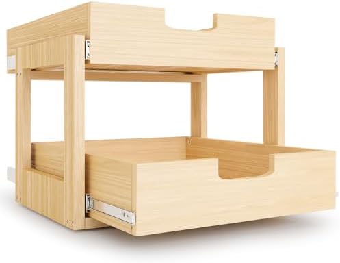 Pull Out Cabinet Organizer, 20''W×21''D×16''H Soft Close Slide Out Wooden Pull out Drawers, Double Tier Slide out Wood Cabinet Organizer, for Base Cabinet Organization in Kitchen, Pantry, Bathroom by GREHITK