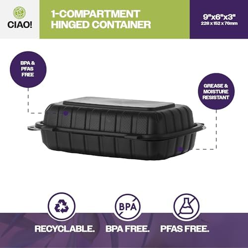 CIAO! 9"x6"x3" MFPP Black Hinged Container With Lid 1 Compartment (Case of 200) - Image 2