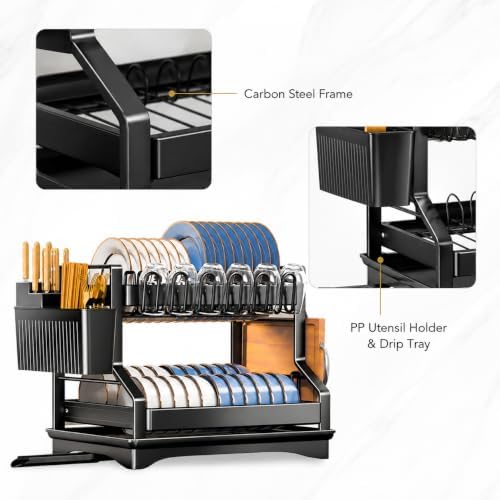 Fandian Black Dish Drying Rack 2 Tier Dish Racks for Kitchen Counter and Sink, Large Dish Drying Rack with Drainboard & Utensil Holders Stainless Steel Dish Drainers Kitchen Organization and Storage - Image 6