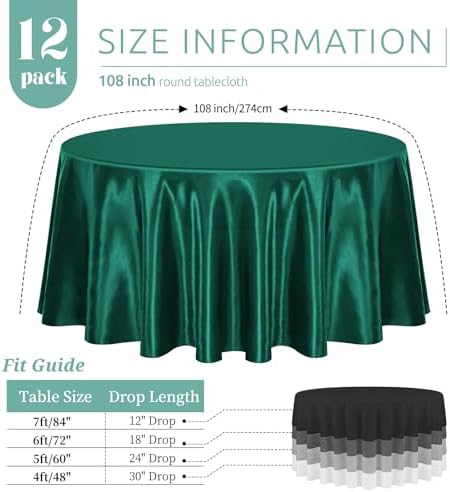 12 Pack 108 Inch Round Satin Tablecloth, Hunter Green - Image 2