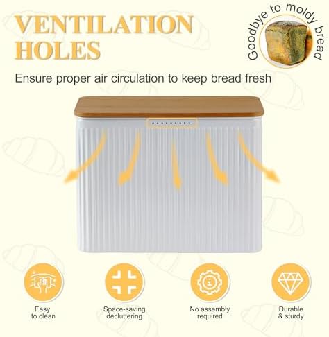 Extra Large Vertical Stripe Embossed Bread Box with Bamboo Lid | Corner Breadbox for Homemade Bread, White Metal Bread Storage Container Bin for Kitchen Countertop, Fits 2 Loaves of Bread - Image 5
