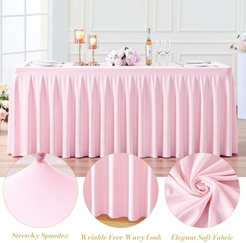 4 Pack Pink Rectangle Tablecloth 6 FT Stretch Spandex Fitted Table Cloth for 6 Foot Rectangle Tables Banquet Tablecloths Wrinkle Free Table Cover Skirt Ruffle Tablecloth for Party Wedding Birthday - Image 6