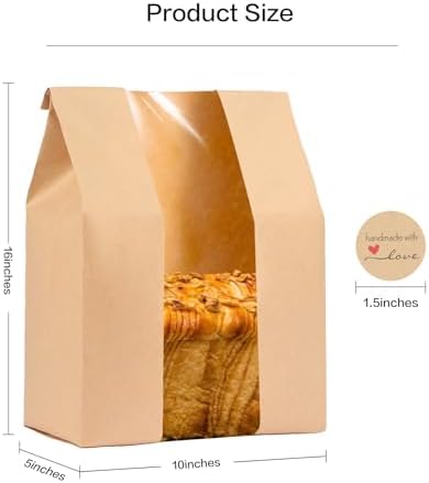 100 Pack Extra Large Paper Bread Bags for Homemade Bread,16×10×5 inch Sourdough Bags with Label Seal Stickers,Kraft Bakery Bag with Clear Front Window - Image 2