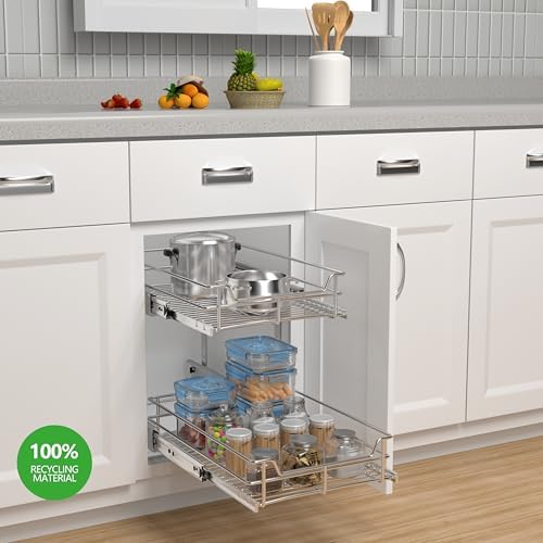 JOWBOOW 2-Tier Cabinet Pull Out Shelves, 11" W x 22" D, Chrome | Heavy-Gauge Wire Kitchen Cabinet Organizer, 100 lbs Capacity, Ball-Bearing Glides, Min 12" Opening, For Pantry Storage - Image 2