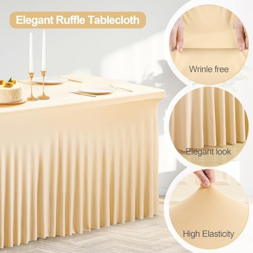 PARTISKY 2 Pack Champagne Spandex Table Cloths for Rectangle Tables 8ft, Champagne Table Skirt for Party, Table Cover with Skirt for Wedding Folding Table Banquet Baby Shower & Birthday Parties - Image 3