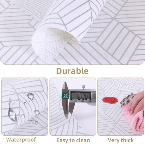Shelf Liners for Kitchen Cabinets 12in x 20FT, Non Adhesive Cabinet Liner Strong Non-Slip Thickened Silver Geometric Easy to Clean for Shelf, Cabinet, Refrigerator with Knife and Tape Measure - Image 4
