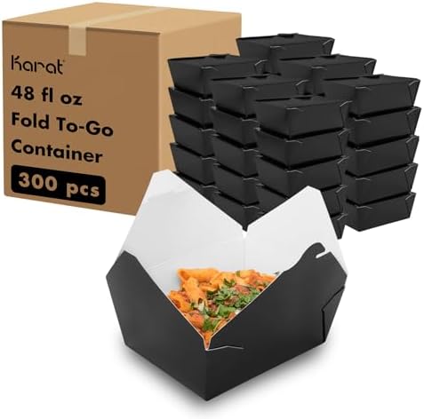 Karat Paper to Go Boxes [48 oz - 300 ct] Leak-Resistant, Microwavable, Heavy-Duty Take Out Boxes | Grease Resistant & Stackable, Black by Karat
