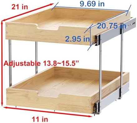 Sikarou Wood Pull Out Cabinet Organizer 2 Tie 11" W x 21" D for 12" Cabinet Opening, Heavy-Duty Sliding Drawers for Inside Cabinets Storage and Organization for Kitchen, Pantry, Bathroom - Image 2