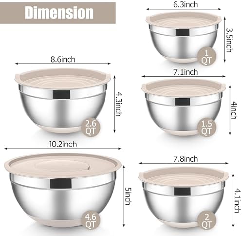 E-far Stainless Steel Mixing Bowls with Lids Set, 5-Piece, Khaki - Image 2