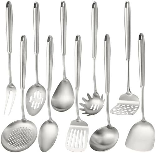 10 PCS Stainless Steel Kitchen Utensil Set Cooking Utensils, Potato Masher Solid Spoon Slotted Spoon Fork Spatula Ladle Skimmer Spoon Slotted Spatula Tunner Spaghetti Spoon Large Spoon by SUPROD