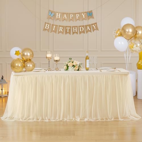 6ft Champagne Tulle Tablecloths for Rectangle Tables Stretch Rectangular Table Cloths Wrinkle Free 6 Foot Spandex Table Cover with Tutu Skirt for Wedding Birthday Party Banquet Buffet Cake Desk Skirt - Image 2