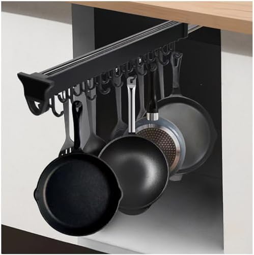 14IN Hanging Pot Rack with 6 Hook for Cabinet Pull Out Pot and Pan organizer Adjustable Pot Racks with Sliding Rail Storage Utility Rack Used for Kitchen/Closet/Cupboard,Load 75LBS by amhyicho