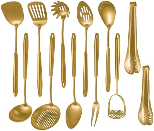 304 Stainlss Steel Matte Kitchen Utensils Set, 12 Pcs Long Metal Cooking Utensil Gadgets Tools Set with Spatula, Ladle, Spoon, Ladle, Skimmer, Tunner, Pasta Server, Tongs(Gold, Dishwasher Safe) by Lazycorner