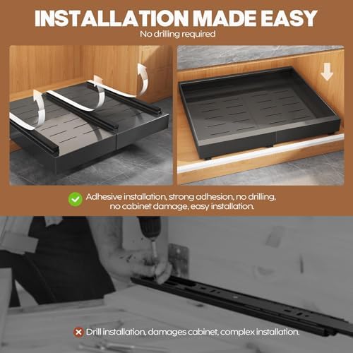 Seinloes 4 Pack Expandable (15.1"-26.3") Pull Out Cabinet Organizer 21" Deep With Raising Pad for Framed Cabinets,Upgrade 3 Slide Rails Slide Out Drawers,No Drill Roll Out Shelves Adhesive,Black - Image 6