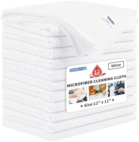 Microfiber Cleaning Cloth, 12 Pack White Cleaning Rags,12" X 11" Lint Free Dish Towels Wash Cloths, Reusable Microfiber Towels for Home and Kitchen Bathroom Apartment Cleaning Supplies by HOMERHYME