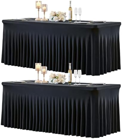2 Pack 6ft Black Spandex Tablecloths for Rectangle Tables Wrinkle Free Black Rectangle Table Cloths Stretch Fitted Table Cover with Skirt for Wedding Birthday Party Banquet Baby Shower Buffet Event by Suppromo