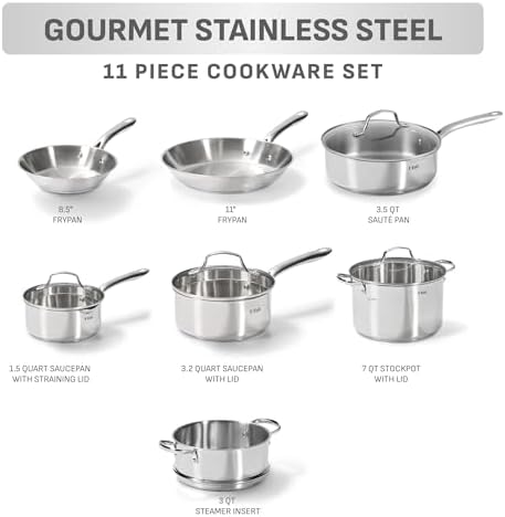 T-fal Stainless Steel Pots and Pans Set 11 Piece, Induction, Oven Broiler Safe 500F, Kitchen Cooking Set w/Fry Pans, Saucepans, Saute Pan, Steamer, Cookware, Dishwasher Safe, Silver - Image 2