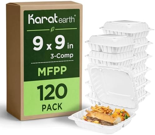 KARAT EARTH Clamshell Take Out Food Containers [9"x9" - 120 ct] To Go Containers | 3 Compartment, Soak-Resistant, Durable, Stackable | Vented for Hot/Cold Foods, White by KaratEarth