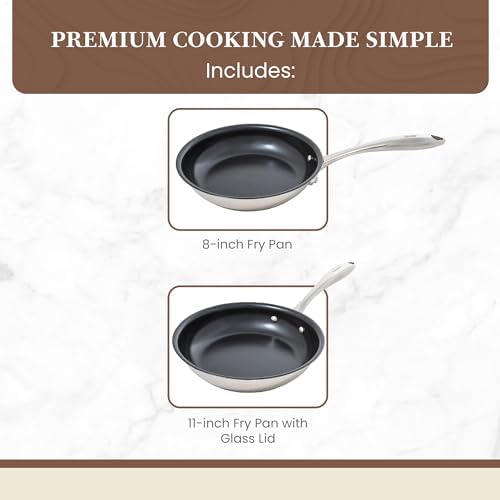 Non Stick Frying Pans - Tuxton Home Concentrix 2-Piece Stainless Steel Pan Set - Stove & Oven Compatible 8-inch & 11-inch Ceramic Frying Pan with Riveted Handles - Cayenne Red Nonstick Pan Set - Image 3