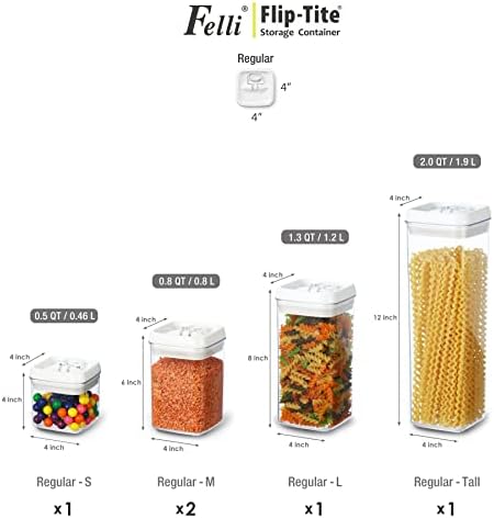 Felli Flip Tite Storage Container with Lid 4" Airtight Ring Seal Top, Stackable Acrylic Canister Jar Set for Kitchen Pantry Organizer, Food Spice Pasta Snack (5pk, Variety) - Image 5